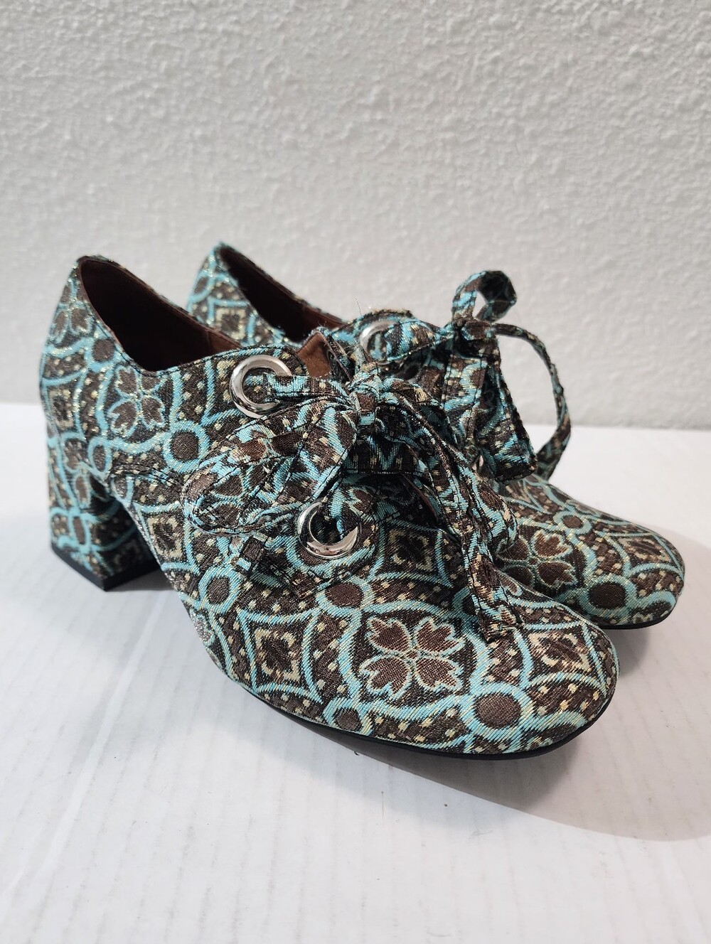 Jeffrey Campbell Clarice Brocade Jacquard Lace Up Oxford Heels Teal Brown 8.5